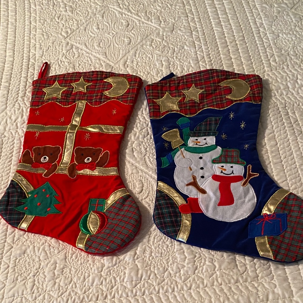 Festive Holiday Stocking Duo in Red & Navy with Gold Trim